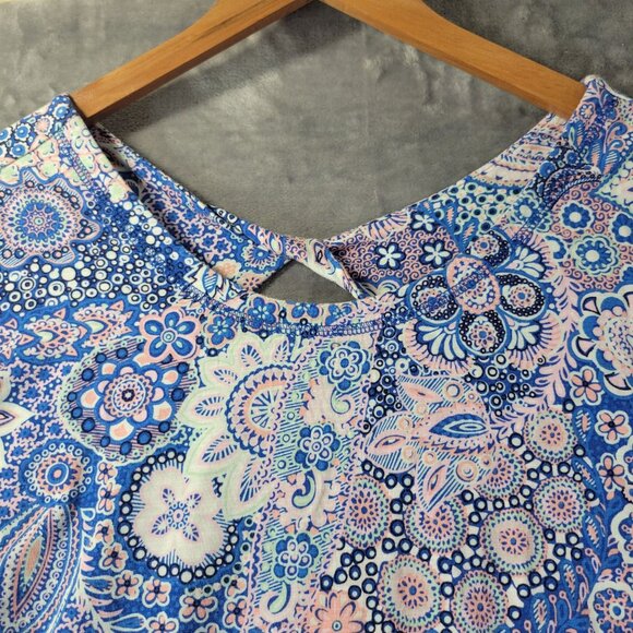Talbots Womens Paisley Print Top Sp Blue Pink White Boho Tee Active Twisted Back - Picture 4 of 10